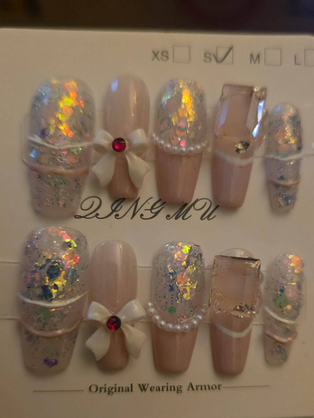 Nude Pink Iridescent Bow & Gem Press-On Nail Set Small